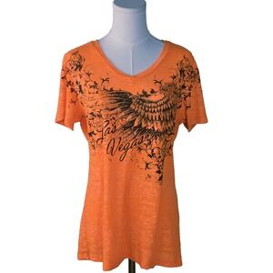 Harley Davidson Top Womens Vintage T-Shirt Short Sleeve Size M Orange Rhinestone